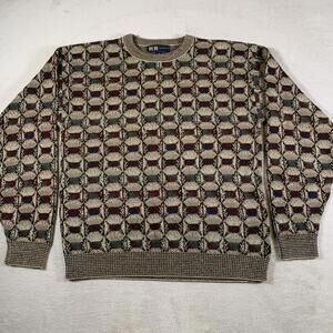 Vintage R&R Casuals Sweater Mens Medium Geometric Pattern Crewneck Made USA‎ 90s